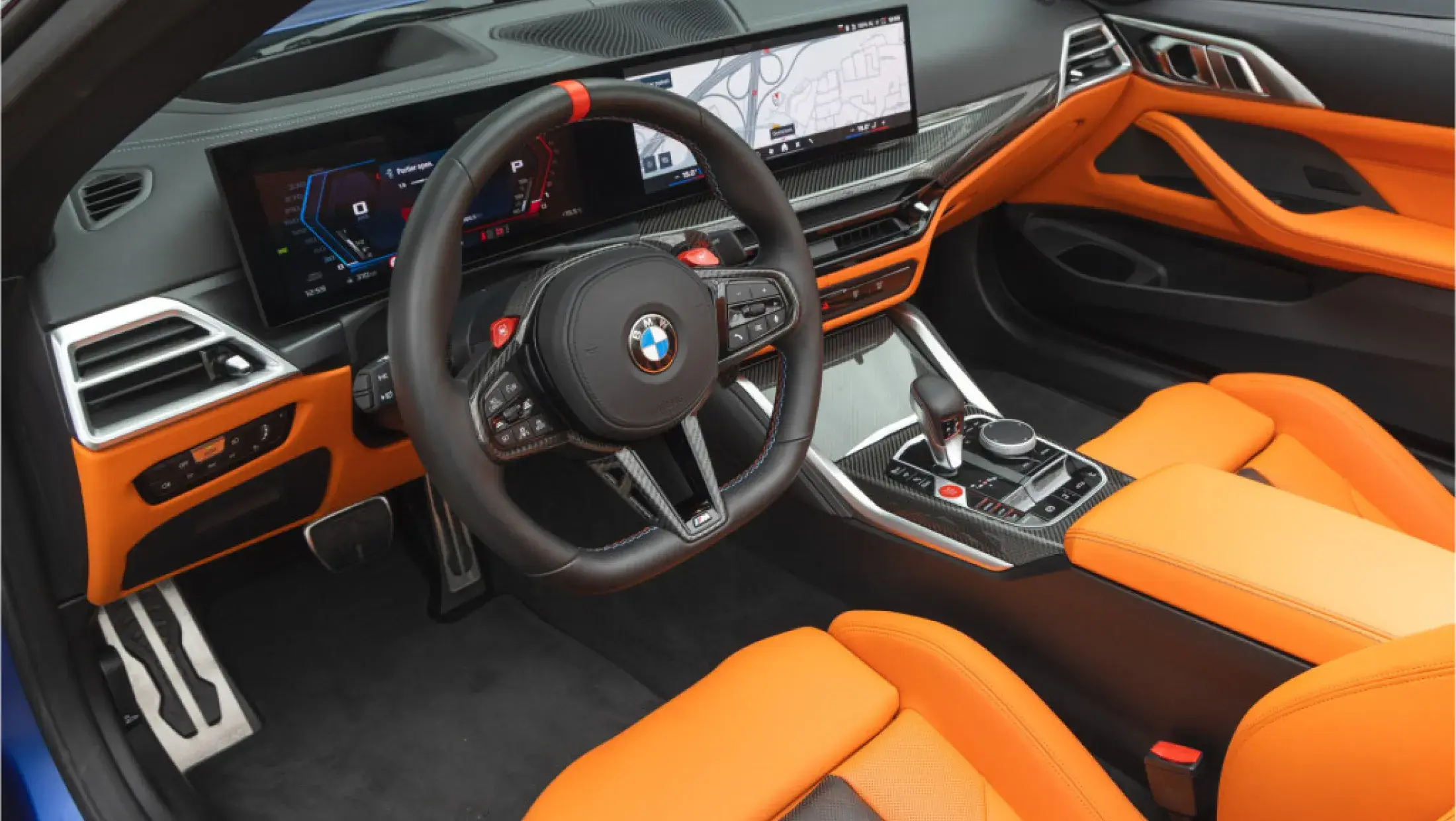 BMW M4 Cabrio xDrive Competition Portimao Blau Metallic Individual volleder Merino Kyalami Orange Schwarz