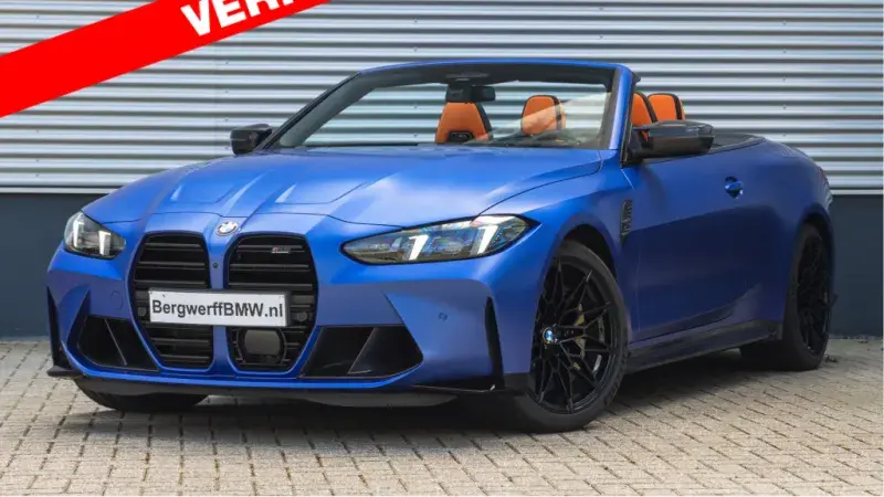 BMW M4 Cabrio xDrive Competition Portimao Blau Metallic Individual volleder Merino Kyalami Orange Schwarz
